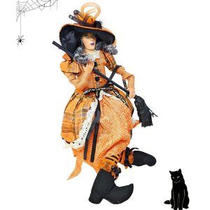 24" Halloween Gray-Haired Witch with Orange Dress and Black Broom, Party Decor W